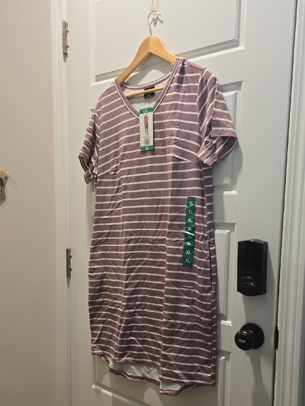 Striped V-Neck T-Shirt Dress in Dusty Mauve and White